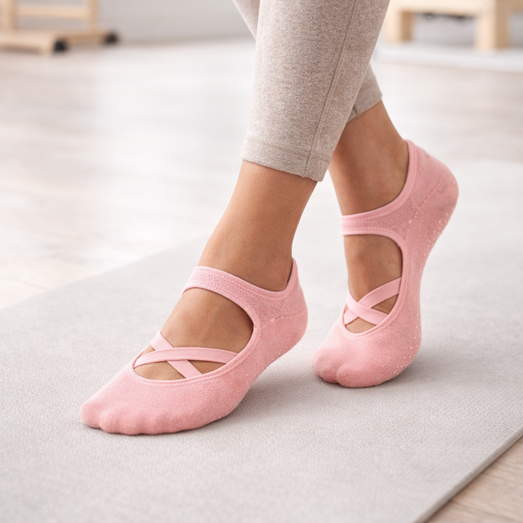 Skarpetki do pilatesu w kolorze różowym z antypoślizgową podeszwą, idealne do treningu w domu lub studio.